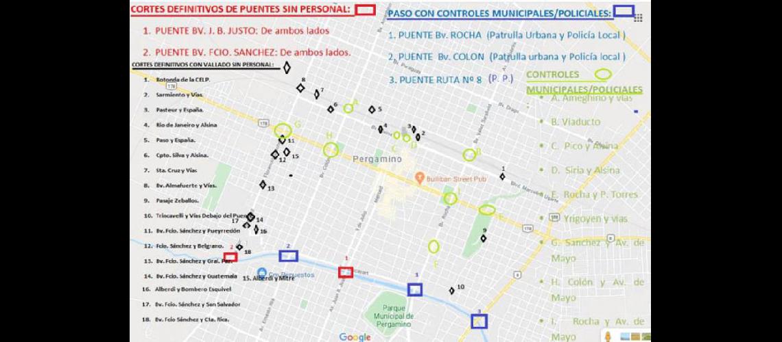  El plano indica los cortes totales y los controles establecidos en la ciudad de Pergamino (MUNICIPALIDAD DE PERGAMINO)