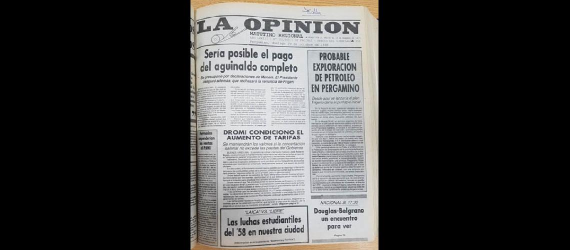  Portada del 29 de octubre de 1989 donde se anunciaba la posible exploración de petróleo en Pergamino (LA OPINION)
