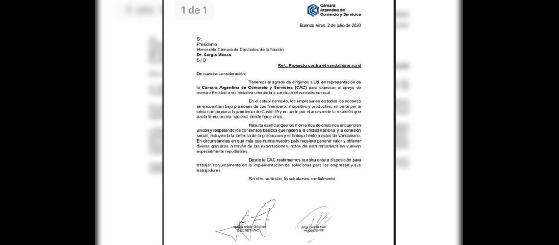  La carta con la que la Cmara Argentina de Comercios y Servicios apoyó la iniciativa (CAMARA DE DIPUTADOS)
