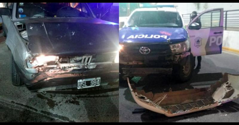 El automóvil Volkswagen Gol y el móvil policial tras la colisión