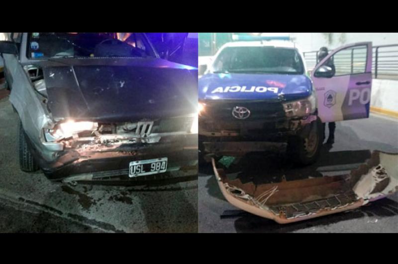 El automóvil Volkswagen Gol y el móvil policial tras la colisión