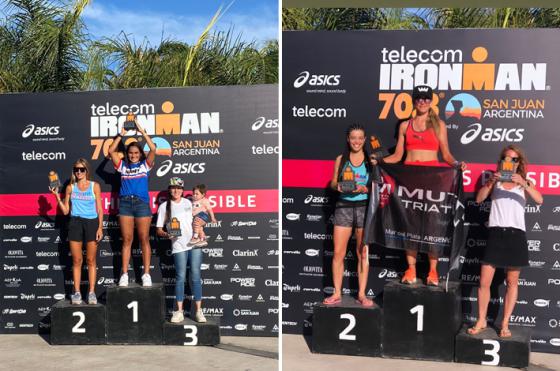 Brenda Bernard en el segundo lugar del podio de la categoría 30 a 34 años (a la izquierda) y Rina Fay en el escalón ms alto luego de triunfar en la categoría 35 a 39 años 