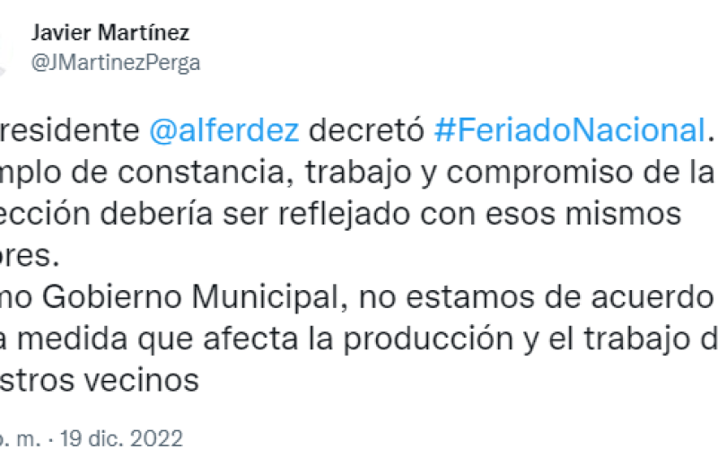 El intendente Javier Martínez en desacuerdo con la medida
