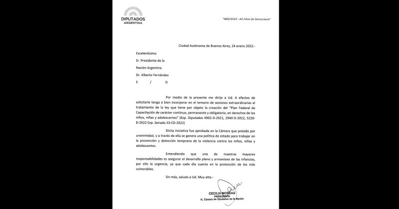 La presidenta de la Cmara de Diputados Cecilia Moreau le envió una nota al presidente de la Nación Alberto Fernndez
