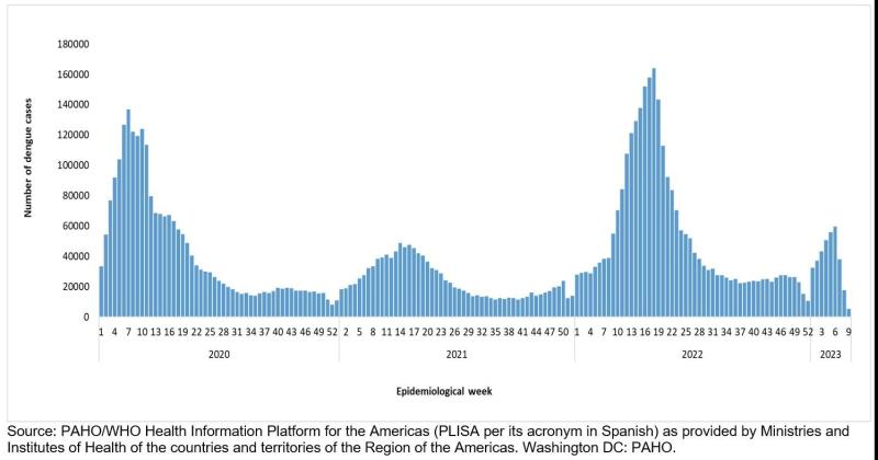 El grfico de la OMS muestra el crecimiento de la notificación de casos sospechosos de dengue en las américas