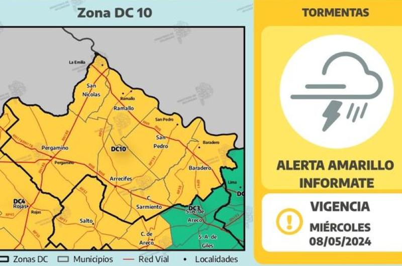 Durante la madrugada del miércoles se espera que los municipios en amarillo sean afectados por lluvias y tormentas algunas pueden ser intensas