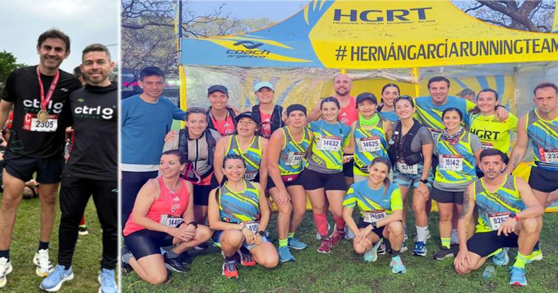 Matías Abal junto a su entrenador Mariano García y los integrantes del HGRT de la ciudad que corrieron en Buenos Aires