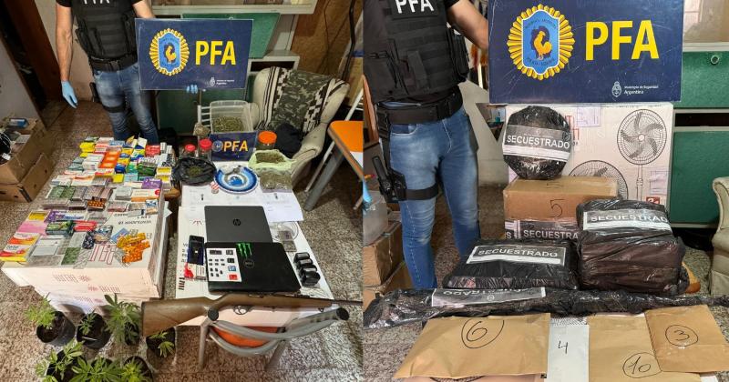 En el procedimiento policial secuestraron varias cajas de medicamentos y marihuana